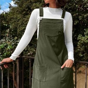 Olive Green Cotton Overall Mini Dress